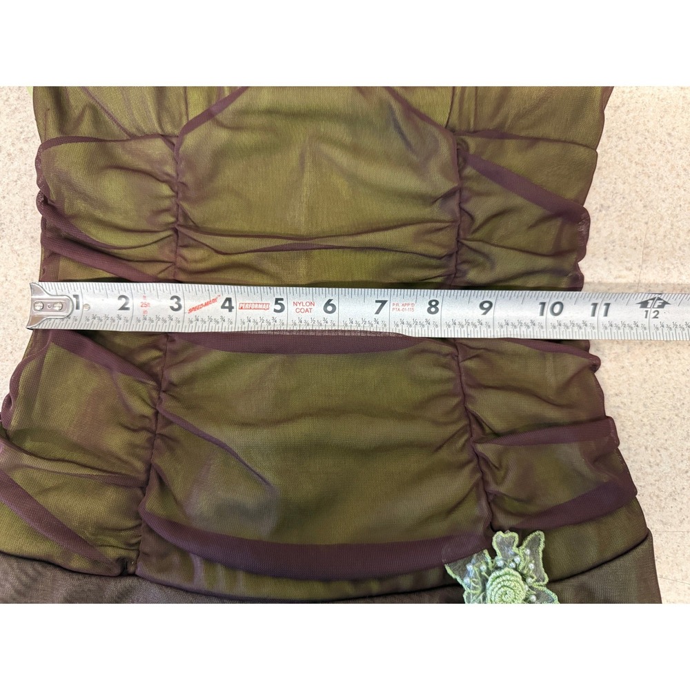 Brown‎ Lime Mesh Hi Low Dress Y2K Fairycore Ruched Asymmetrical Forest Grunge - Picture 14 of 16
